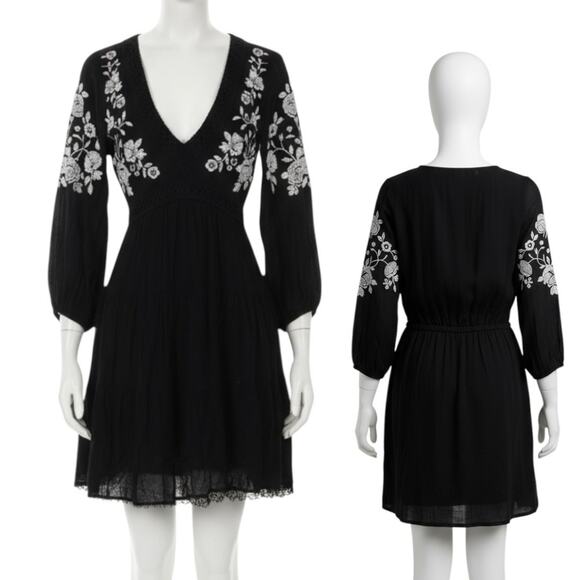 Jun & Ivy Black Boho Chic Embroidered Gauze Dress Womens Sz S Peasant V-Neck - Picture 3 of 12